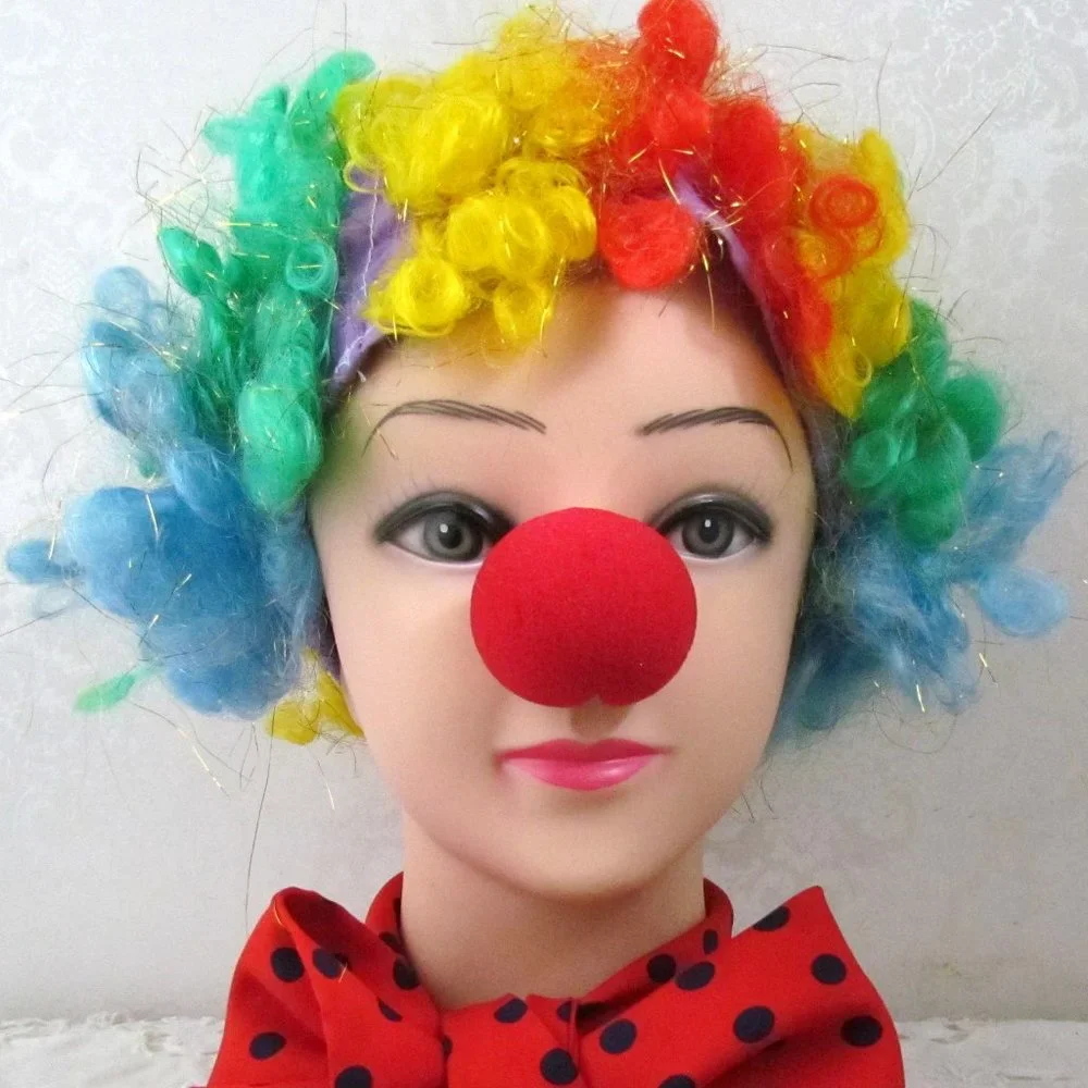 CLOWN COSTUME w WIG, KIDS M-L, RAINBOW CURLY WIG + NOSES, SCARF & SOCKS, FUN!